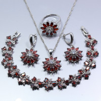  925 Silver Red Garnet Austria Crystal Women Wedding 4PCS Jewelry Set Ring Size 6/7/8/9/10 Bracelet 18CM Free Gift Z104