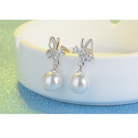 1 pair Fashion Women Butterfly Crystal pearl Rhinestone  Sterling Ear Stud Earrings Pearl Earrings