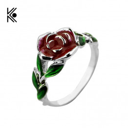 2017 Beauty and the Beast Rose Tree Rings Rose Design Engagement Ring Red Green Enamel Jewelry His Beauty/Her Beast Jewel