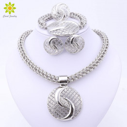 2017 Latest Luxury Big Dubai Silver Plated Crystal Necklace Jewelry Sets Fashion Nigerian Wedding African Beads Costume Jewelry
