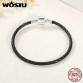 2017 New 100% 925 Sterling Silver & Real Black Leather Chain Charm Fit  Bracelet For Women Men Original Fine Jewelry XCHS911