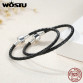 2017 New 100% 925 Sterling Silver & Real Black Leather Chain Charm Fit  Bracelet For Women Men Original Fine Jewelry XCHS911