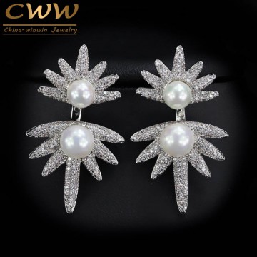 2017 Trends CWW Brands Cubic Zircon Stone Paved Double Pearl Earrings For Women Sterling Silver 925 Jewelry CZ351