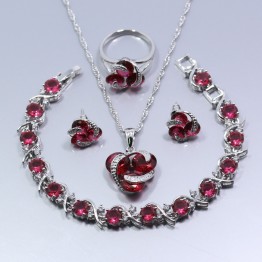 925 Silver Four Piece Jewelry Set Wedding Bridal Rose Red Crystal Ring Size 6/7/8/9/10 Bracelet 18CM Free Gift Z29