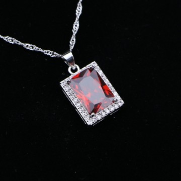 925 Sterling Silver Chain Necklace Square Red Garnet White Cubic Zirconia Slide Pendant For Women Wedding/Engagement/Party/Gifts