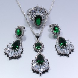 925 Sterling Silver Green Created Emerald Austria Crystal Women 4PCS Jewelry Set Earrings Ring Necklace Pendant Bracelet Gift
