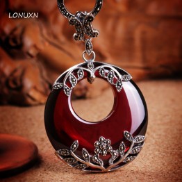 925 Sterling silver High quality female jewelry natural semi precious stones garnet circle round shape girls pendant with chain