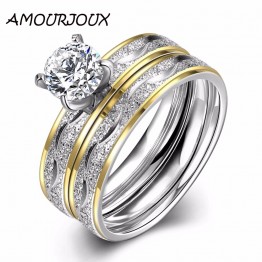 AMOURJOUX Gold Silver Plated Stainless Steel Jewelry Rings Set For Women Wedding Band Engagement Party Ring Set R063
