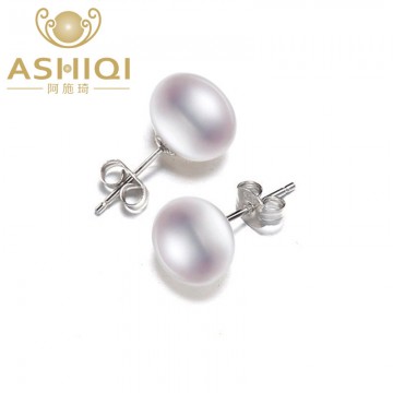 ASHIQI 100% Natural Freshwater Pearl Earrings, Real 925 Sterling Silver Stud earring, 8-11mm Pearl jewelry supplier For women