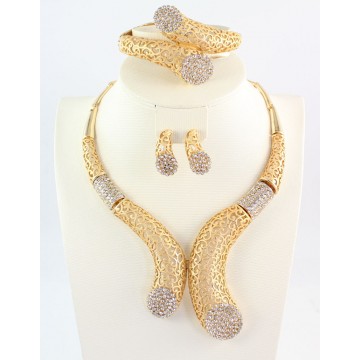 African Beads Jewelry Set Dubai Gold Color Crystal Women Wedding Party Necklace Bangle Earring Ring Fine Jewelry Sets