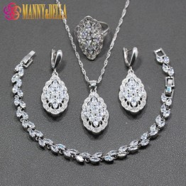 Amazing 4PCS Jewelry Sets White Crystal 925 Silver  Earrings Necklace Pendant Bracelet Ring For Women Wedding Free Gift JS110