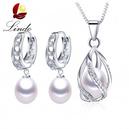 Amazing Price 2017 Hot Selling 100% Natural Freshwater Pearl Engagement Jewelry Sets Women 925 Sterling Silver Pendant+Earrings