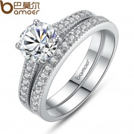 BAMOER  Silver Color Double Ring Sets for Women Pave AAA Zircon Stone Wedding Jewelry YIR045