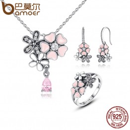 BAMOER 100% 925 Sterling Silver Pink Flower Poetic Daisy Cherry Blossom Jewelry Sets Wedding Engagement Jewelry ZHS028