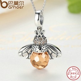 BAMOER 925 Sterling Silver Lovely Orange Bee Animal Pendants Necklace for Women Fine Jewelry CC035