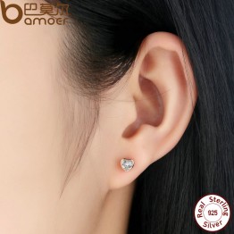 BAMOER 925 Sterling Silver One Love Stud Earrings with Clear CZ Female Brincos for Woman Fine Jewelry PAS452