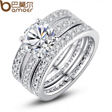 BAMOER Luxury Brand Fashion Silver Color Bridal Set Ring for Women with Paved Micro Zircon Crystal Wedding Jewelry YIR031