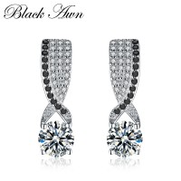 [BLACK AWN] Genuine 925 Sterling Silver Fine Jewelry Eyes Black&White Stone Engagement Stud Earrings for Women T121