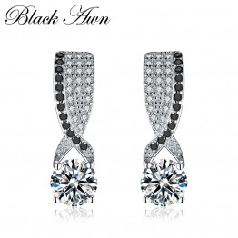 [BLACK AWN] Genuine 925 Sterling Silver Fine Jewelry Eyes Black&White Stone Engagement Stud Earrings for Women T121