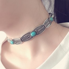 Blue texture stone choker necklace for women Antique gold silver Vintage collar necklace fashion jewelry collier femme XR819