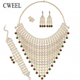 CWEEL African Beads Jewelry Sets Gold Color Nigeria Wedding Beads Dubai Fashion Indian Chunky Jewellery Set Statement Necklace 