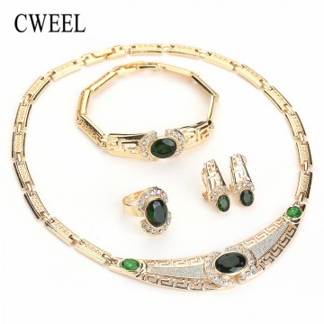 CWEEL Earrings Jewelry Set Green African Beads Women Wedding Gold Color Zircon Fashion Party Turkish Classic Indian Accessories