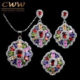CWWZircons Cubic Zirconia Indian Silver 925 Jewelry Sets For Women MultiColored Big CZ Ring Necklace And Earring Ladies T261