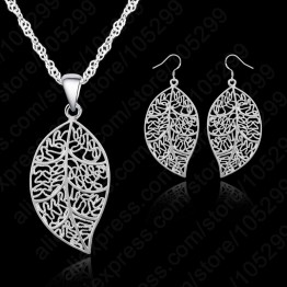 Classic Jewelry Best Genuine 925 Sterling Silver Jewelry Sets leaves Earring Hook And Leaf Pendant Necklaces+18" Singapore Chain
