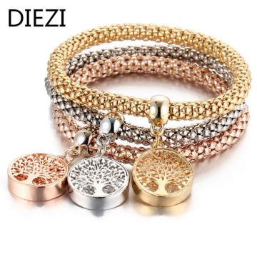 DIEZI Vintage Designer Rhinestones Gold color Tree of Life Charm Bracelets Popcorn Chain Jewelry For Women 2017 New Fashion