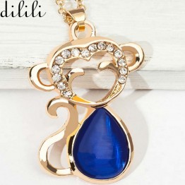 DILILI fashion crystal monkey pendant femme collier animal Blue rhinestone Statement necklaces & pendants for women XSN1196