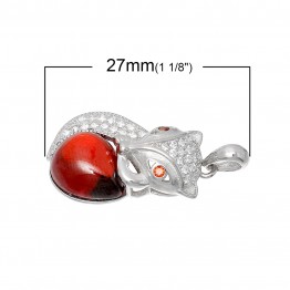 DoreenBeads 925 Sterling Silver Charm Pendants Fox Silver With Red Created Garnet Cem Stone 27mm(1 1/8")x 13mm(4/8"),1 Piece
