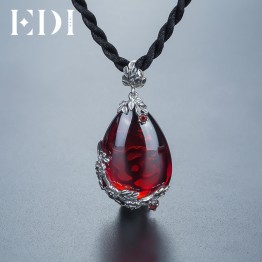 EDI Brand Vintage 925 Sterling Silver Red Royal Bohemian Garnet Natural Semi-Precious Stones Pendant Necklace Female