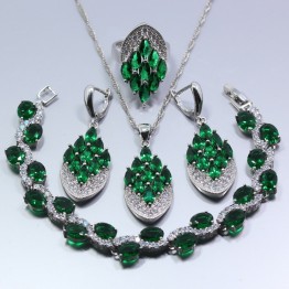 Fabulous 4PCS Jewelry Set 925 Silver Green Zircon Earrings Ring Necklace Pendant Bracelet For Women Z118