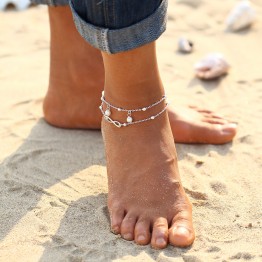 Fashion Design Summer Style Beach Silver Color Anklet Two layers Charm Chains Anklet Simulate Peal Women Lady Anklets Jewelry