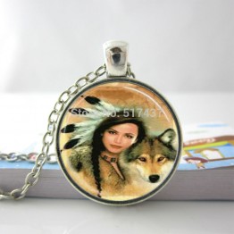 Fashion Necklaces For Women 2014 Wolf Necklace Native American Woman with Wolf Glass Tile Jewelry Necklace Glass Dome Pendant