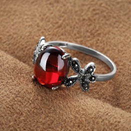 Fine Jewelry 925 Sterling Silver Anel Vintage Red Garnet Natural Stones Ring For Women
