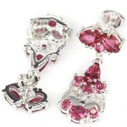 Gorgeous Pink Raspberry Rhodolite Garnet White CZ Woman's 925 Silver Stud Earrings 28x13mm