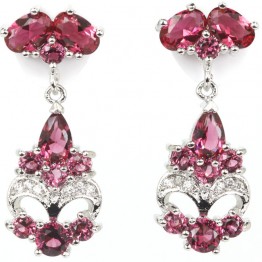 Gorgeous Pink Raspberry Rhodolite Garnet White CZ Woman's 925 Silver Stud Earrings 28x13mm