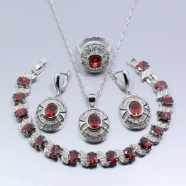 Gracious 925 Sterling Silver Wedding Jewelry Set Garnet White Crystal For Women Ring Necklace Pendant Bracelet Earring Z017