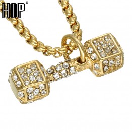 HIP Hop Gold Color Barbell Men Pendant & Necklace Ice Out Bling Fitness Dumbbell Stainless Steel Titanium Necklaces Jewelry
