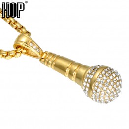 HIP Hop Gold Color Titanium Stainless Steel Ice Out Bling Music Stereoscopic Microphone Pendant Necklace for Men Jewelry