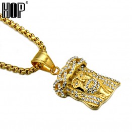 HIP Hop Gold Color Titanium Stainless Steel Iced Out Bling Full Rhinestone Jesus Piece Head Pendants Necklaces for Men Jewelry