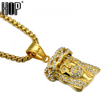 HIP Hop Gold Color Titanium Stainless Steel Iced Out Bling Full Rhinestone Jesus Piece Head Pendants Necklaces for Men Jewelry