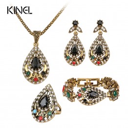 Hot 4 Pcs Vintage Jewelry Sets For Women Antique Gold Color India Crystal Hollow Statement Necklace Bracelets Earrings Set