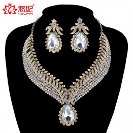 India Style women Wedding Jewelry Sets Crystal Rhinestone necklace earrings set Bridal Party golded Jewelry Accessories 