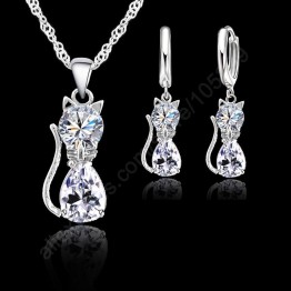 JEXXI 2017 Trendy 925 Sterling Silver Jewelry Sets For Women Fashion Cat Cubic Zirconia Crystal Pendant Necklace Earrings Set