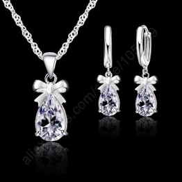 JEXXI New Gift Set 925 Real Sterling Silver With White Stone Cubic Zirconia Dangle Earring Pendant Necklace Woman Jewelry Set