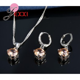 JEXXI Top Quality 925 Sterling Silver Wedding Jewelry Sets For Bridal 8 Colors CZ Crystal Round Necklace Earrings Sets Women