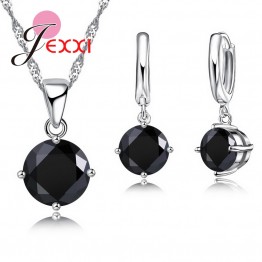 JEXXI Top Quality 925 Sterling Silver Wedding Jewelry Sets For Bridal 8 Colors CZ Crystal Round Necklace Earrings Sets Women