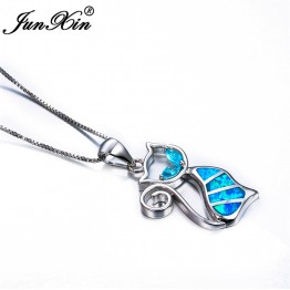 JUNXIN 2017 New Brand Design Women Cat Necklace Blue Fire Opal Necklaces & Pendants Fashion 925 Sterling Silver Animal Jewelry